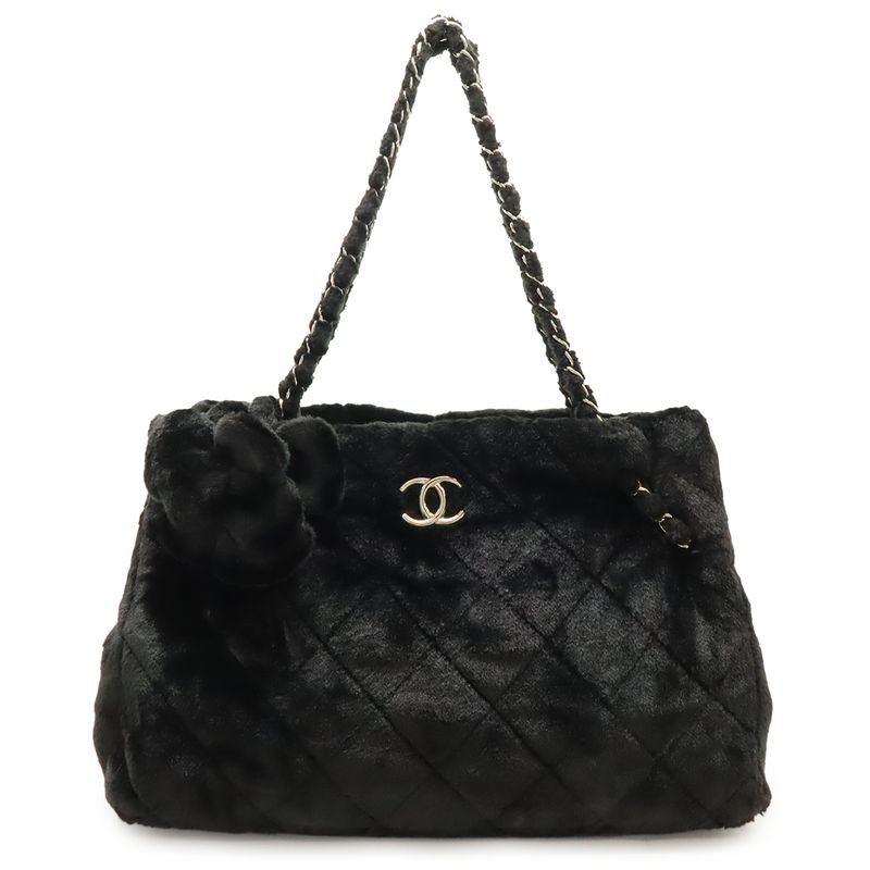 Chanel Camellia Quilted Chain Shoulder Tote Bag Faux Fur Patent Leather Black