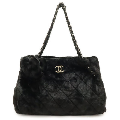 Chanel Camellia Quilted Chain Shoulder Tote Bag Faux Fur Patent Leather Black
