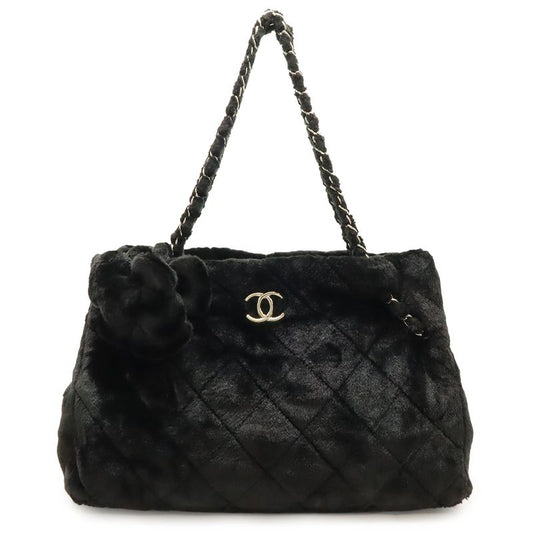Chanel Camellia Quilted Chain Shoulder Tote Bag Faux Fur Patent Leather Black