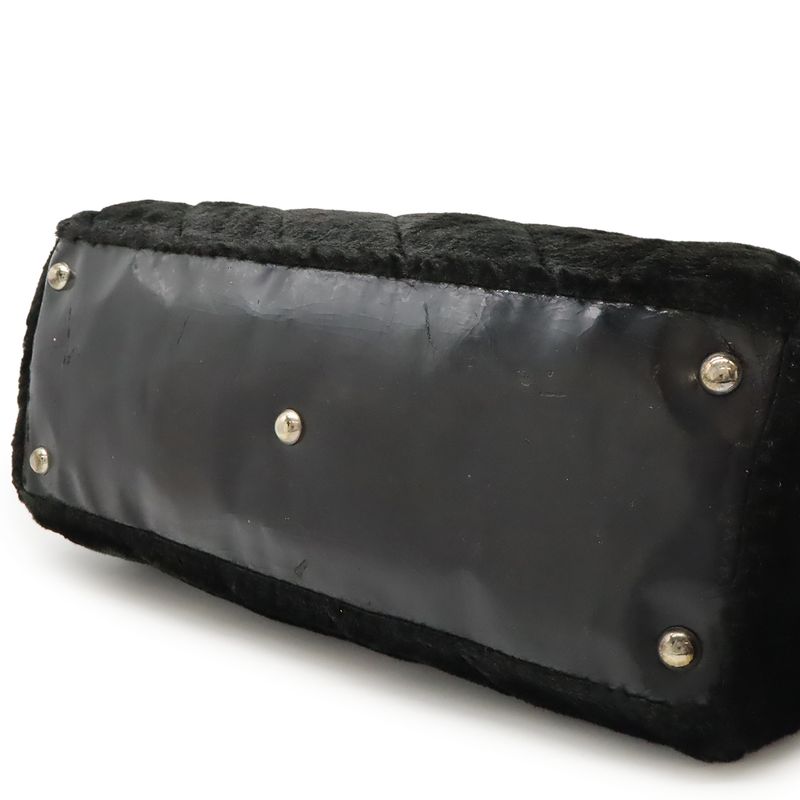 Chanel Camellia Quilted Chain Shoulder Tote Bag Faux Fur Patent Leather Black