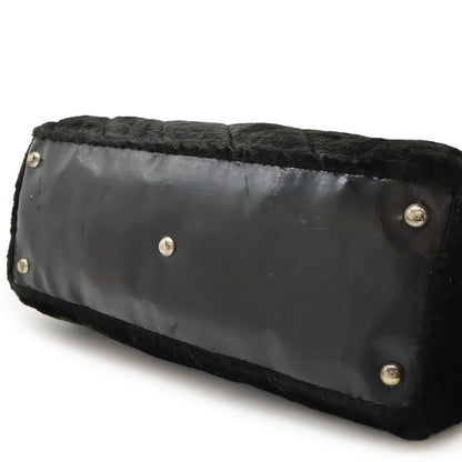 Chanel Camellia Quilted Chain Shoulder Tote Bag Faux Fur Patent Leather Black