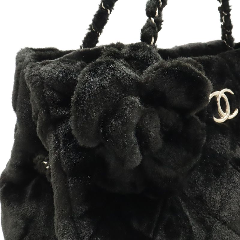 Chanel Camellia Quilted Chain Shoulder Tote Bag Faux Fur Patent Leather Black