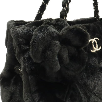 Chanel Camellia Quilted Chain Shoulder Tote Bag Faux Fur Patent Leather Black