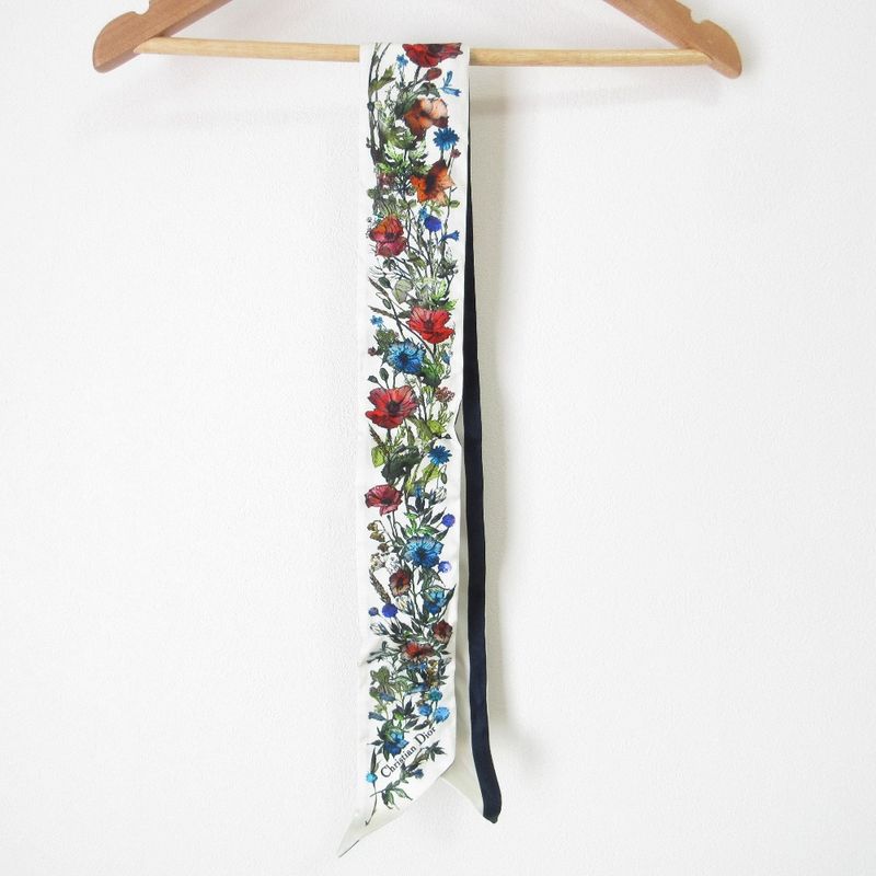 Christian Dior Mizza Millefiori Floral Silk Scarf Navy Off-White Women's Used