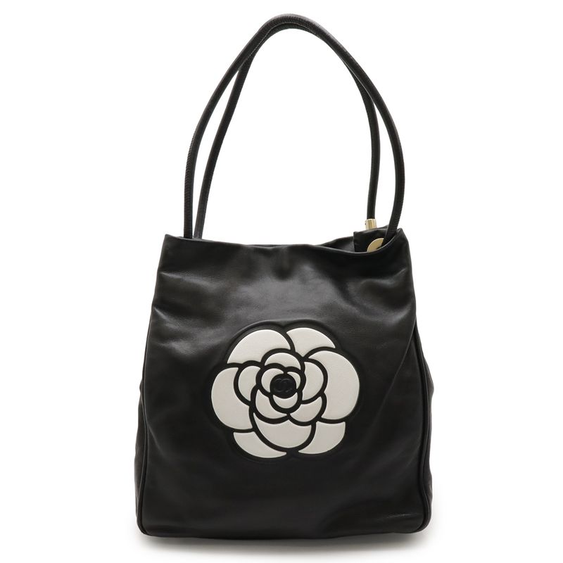Chanel Camellia Logo Tote Shoulder Bag Shoulder Tote Shoulder Leather Black