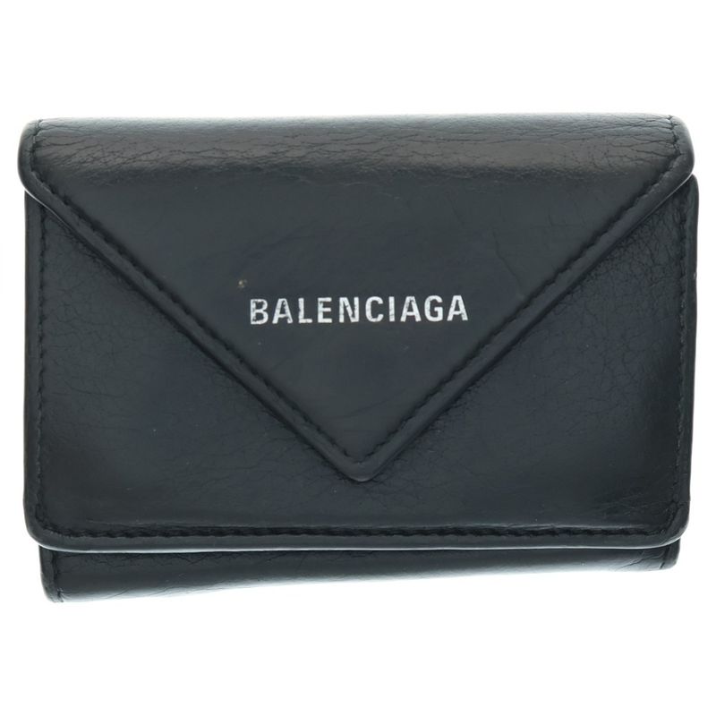 Balenciaga Paper ZA MINI Wallet Paper Mini Wallet Fold Wallet Leather Black