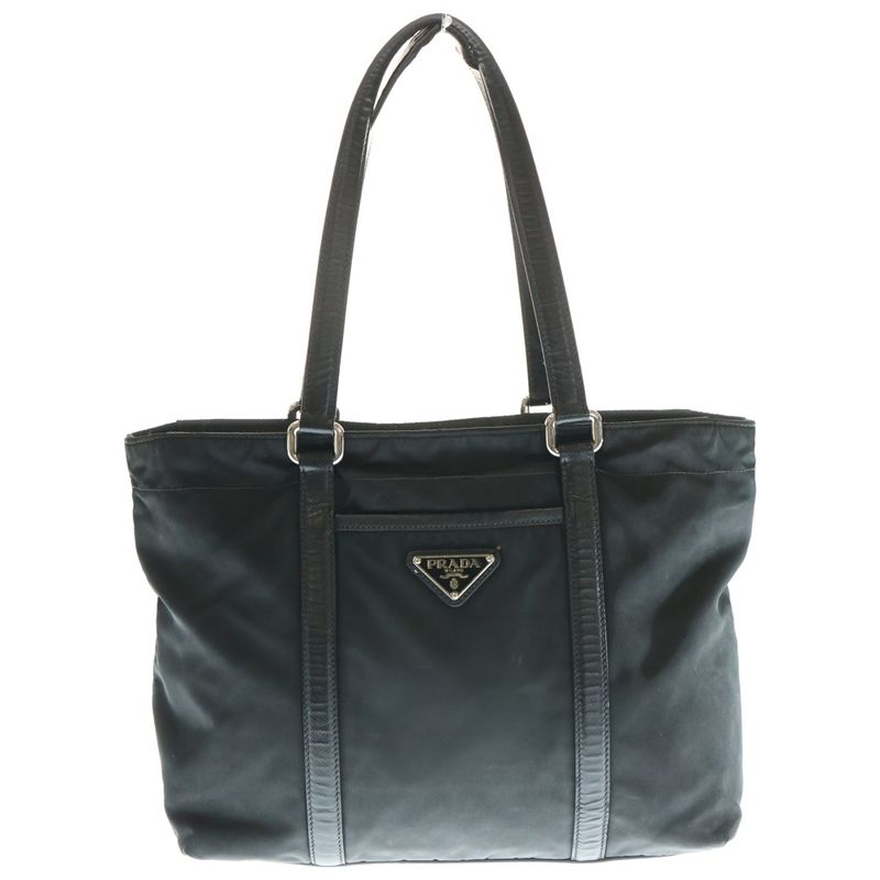 Prada Tessuto Tote Handbag Black Nylon And Leather Silver Hardware