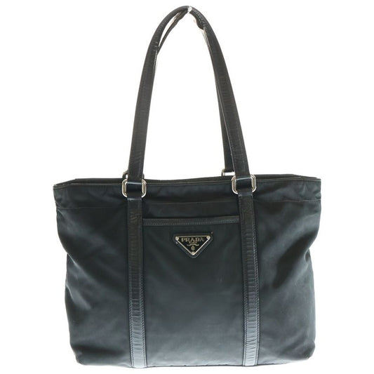 Prada Tessuto Tote Handbag Black Nylon And Leather Silver Hardware