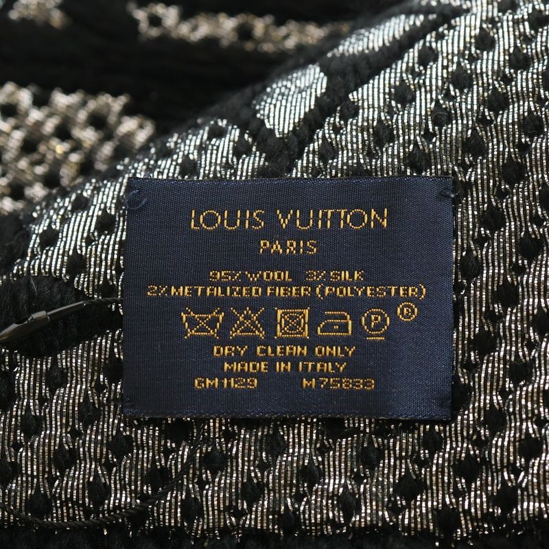 Louis Vuitton Echarpe Logomania Shine Fringe Scarf Stole Black Lamé Yarn M75833