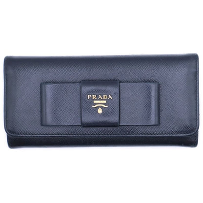 Prada Saffiano Ribbon Wallet Long Wallet Long Wallet Black Leather Gold Hardware