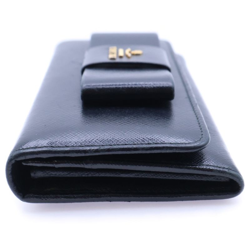 Prada Saffiano Ribbon Wallet Long Wallet Long Wallet Black Leather Gold Hardware