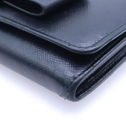 Prada Saffiano Ribbon Wallet Long Wallet Long Wallet Black Leather Gold Hardware