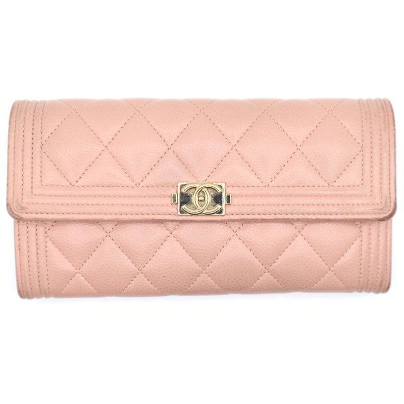 Chanel Boy Chanel Long Wallet Long Wallet Card Case Caviar Skin Pink Gold