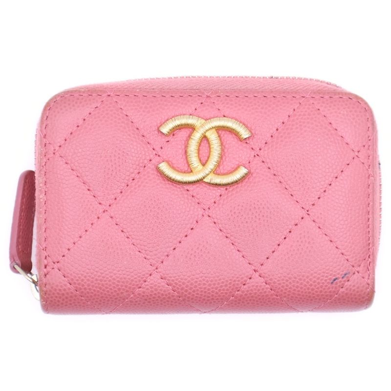 Chanel Matelasse Coin Purse Coin Case Wallet Pink Caviar Skin Gold Hardware