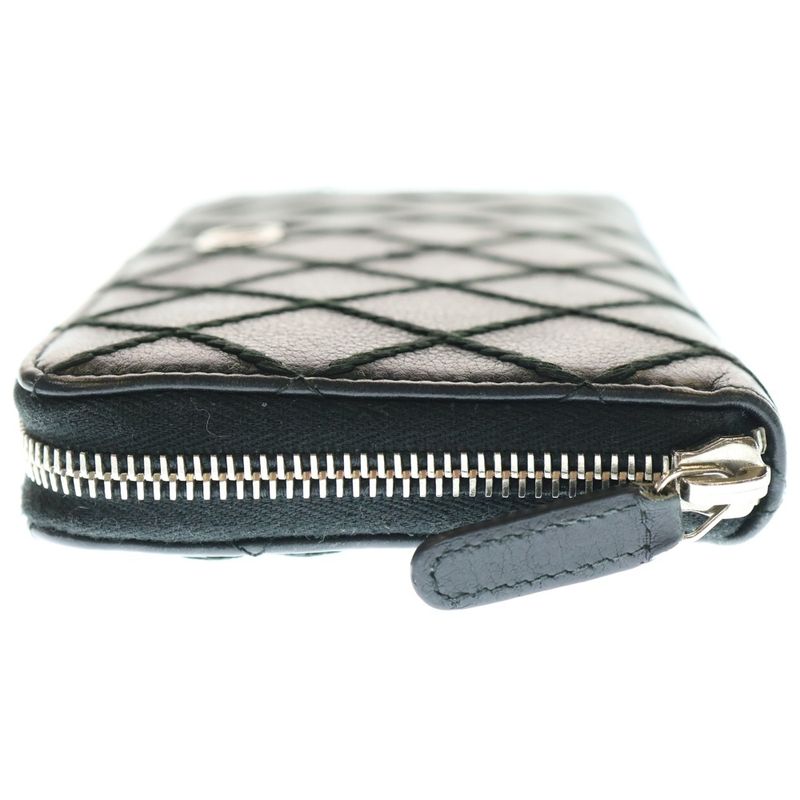 Chanel Wild Stitch Round Zipper Long Wallet Black Leather Silver Hardware
