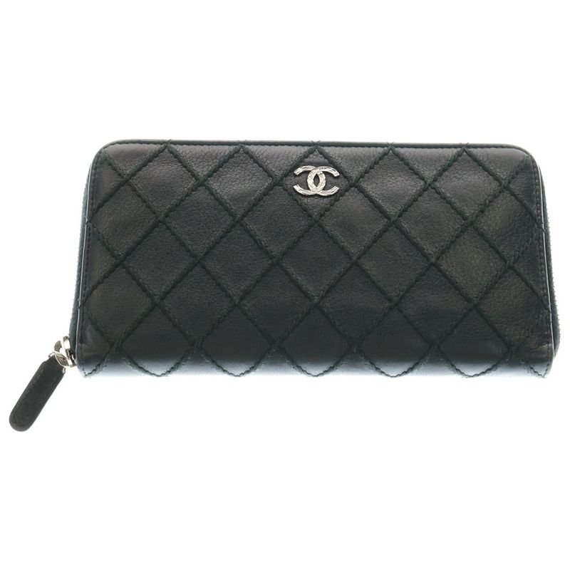 Chanel Wild Stitch Round Zipper Long Wallet Black Leather Silver Hardware