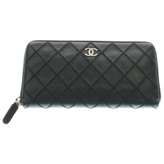 Chanel Wild Stitch Round Zipper Long Wallet Black Leather Silver Hardware