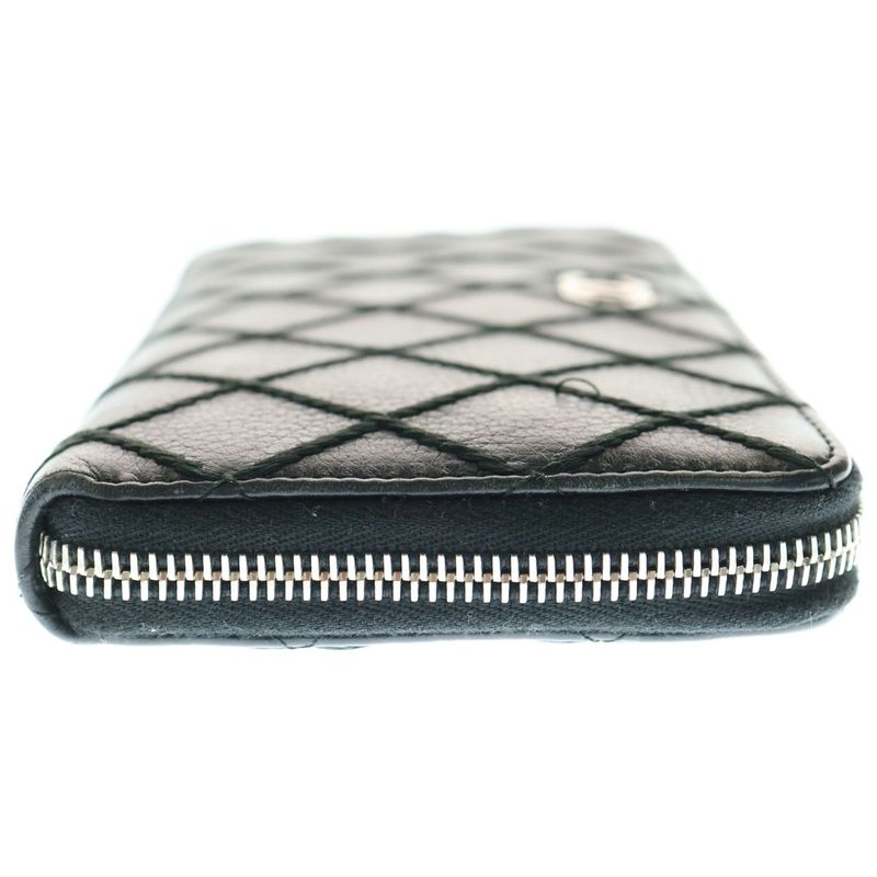 Chanel Wild Stitch Round Zipper Long Wallet Black Leather Silver Hardware