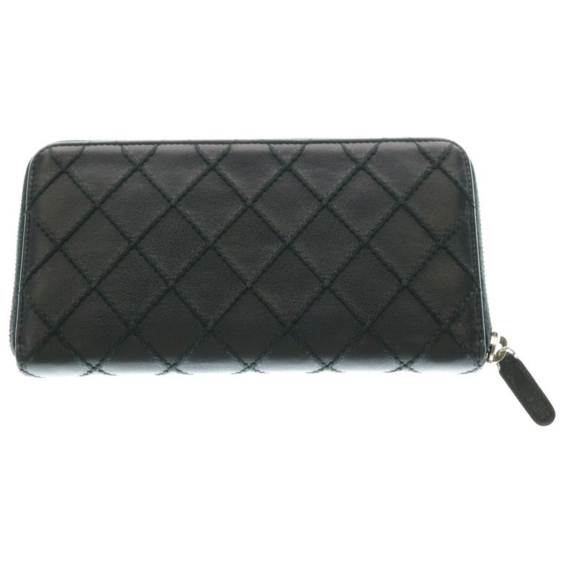 Chanel Wild Stitch Round Zipper Long Wallet Black Leather Silver Hardware