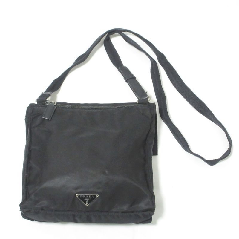Good Prada Nylon Triangle Logo Plate Shoulder Bag Black Ladies Used