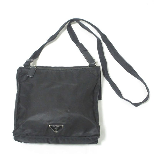 Good Prada Nylon Triangle Logo Plate Shoulder Bag Black Ladies Used
