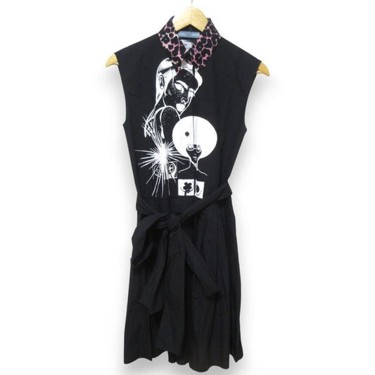Good Prada Comic Print Leopard Print Collar Sleeveless Knee Length Shirt Dress