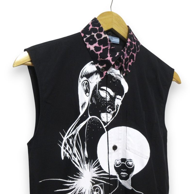 Good Prada Comic Print Leopard Print Collar Sleeveless Knee Length Shirt Dress