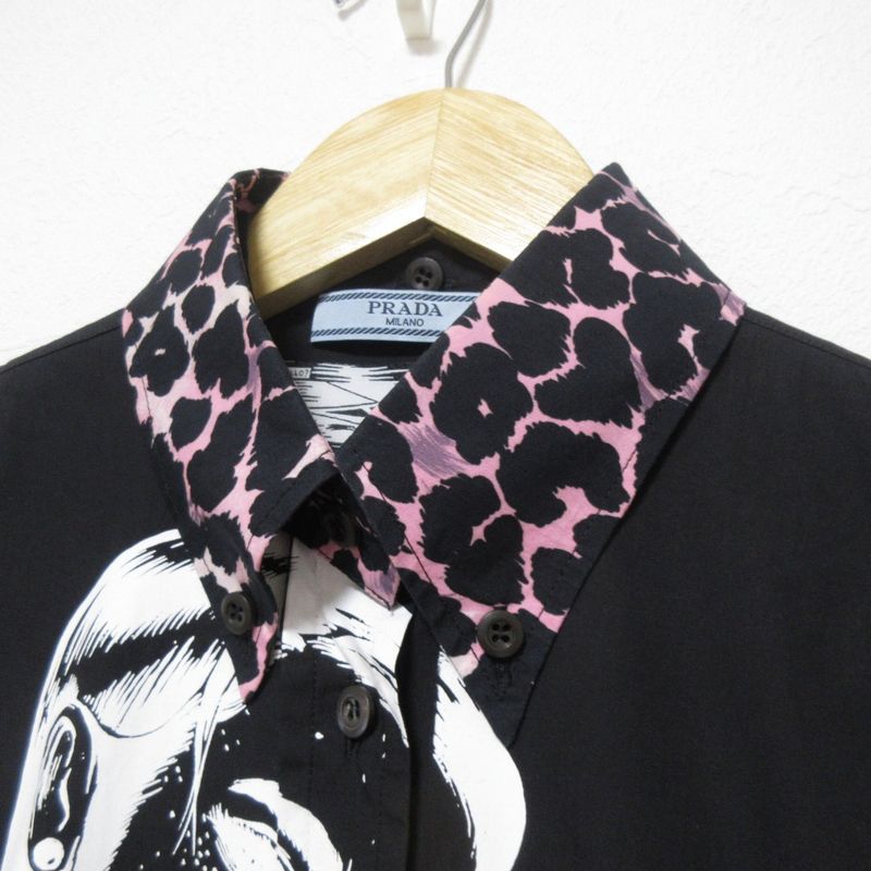 Good Prada Comic Print Leopard Print Collar Sleeveless Knee Length Shirt Dress