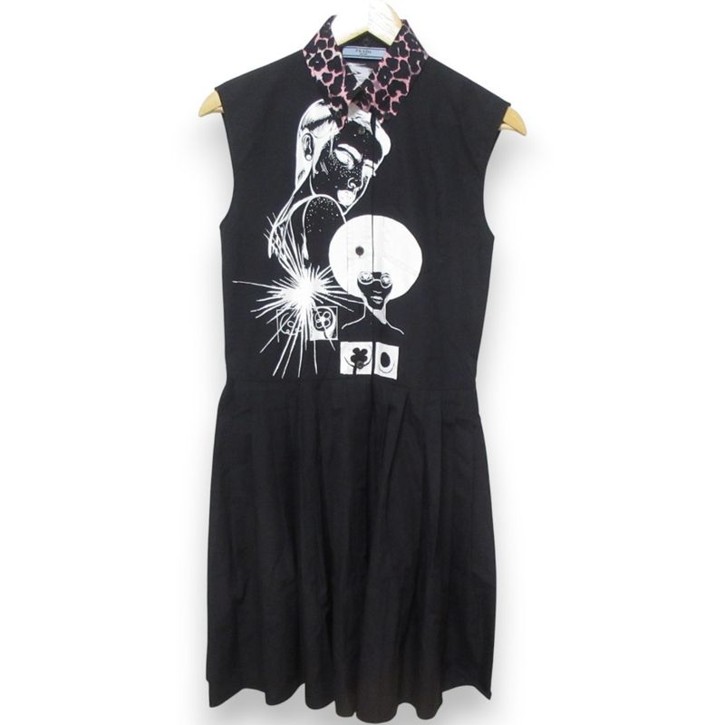 Good Prada Comic Print Leopard Print Collar Sleeveless Knee Length Shirt Dress