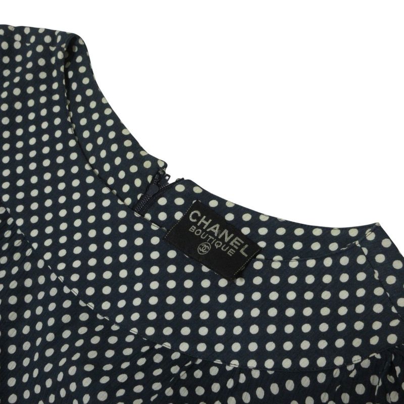 Cleaned Chanel Puff Sleeve Short Sleeve Dot Pattern Flare Dress Navy Ladies