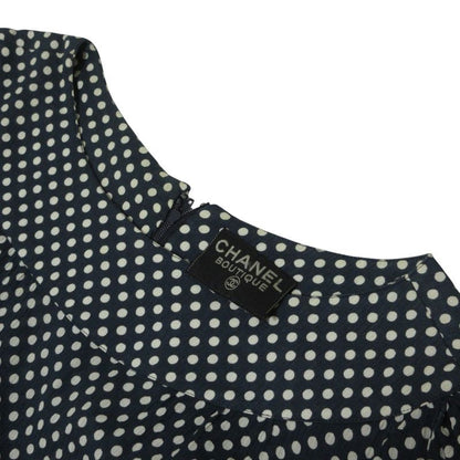 Cleaned Chanel Puff Sleeve Short Sleeve Dot Pattern Flare Dress Navy Ladies