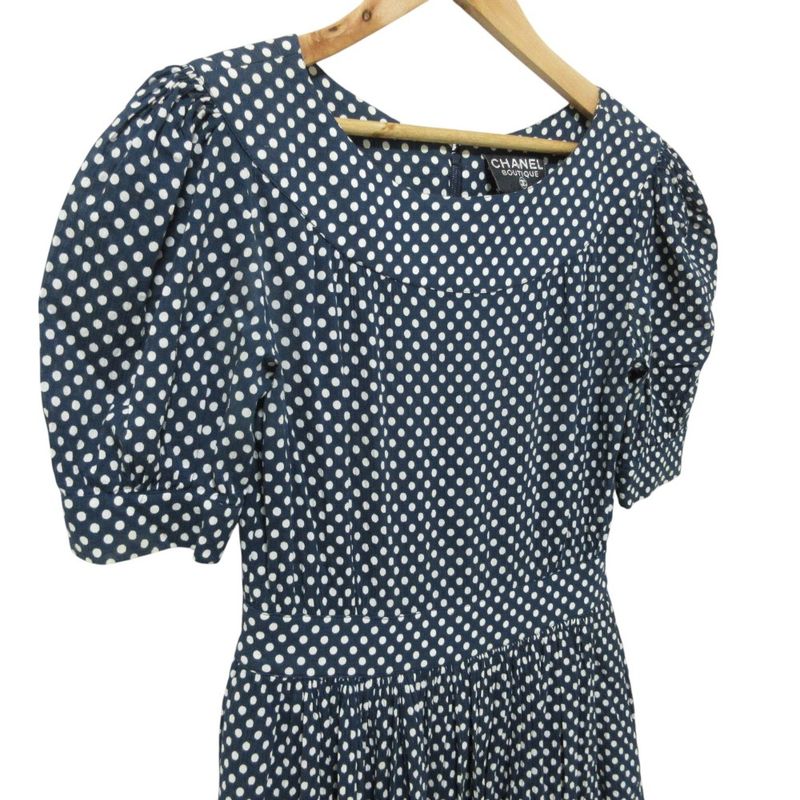 Cleaned Chanel Puff Sleeve Short Sleeve Dot Pattern Flare Dress Navy Ladies