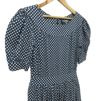Cleaned Chanel Puff Sleeve Short Sleeve Dot Pattern Flare Dress Navy Ladies