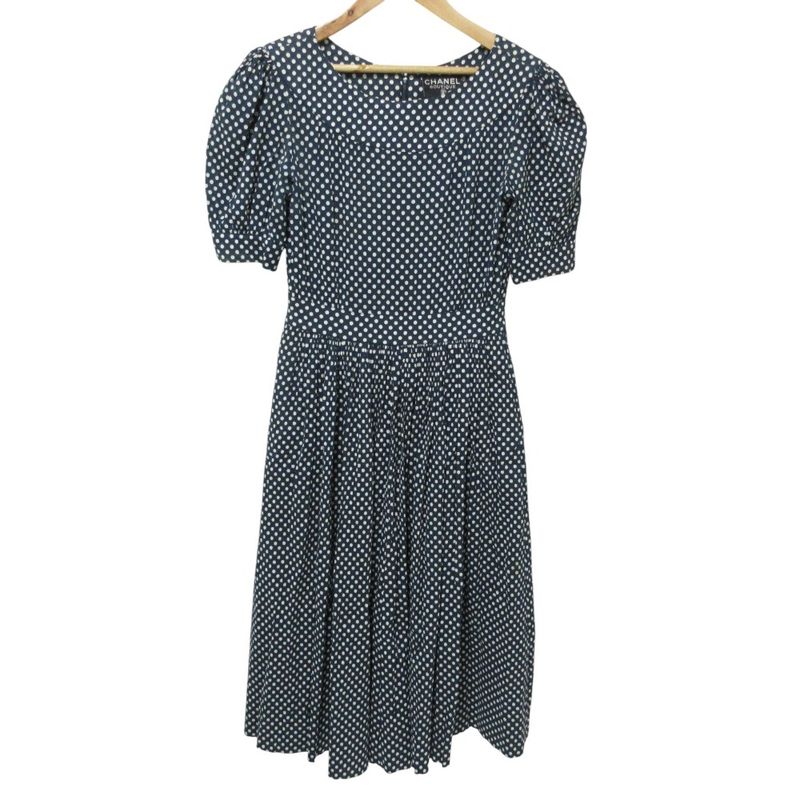 Cleaned Chanel Puff Sleeve Short Sleeve Dot Pattern Flare Dress Navy Ladies