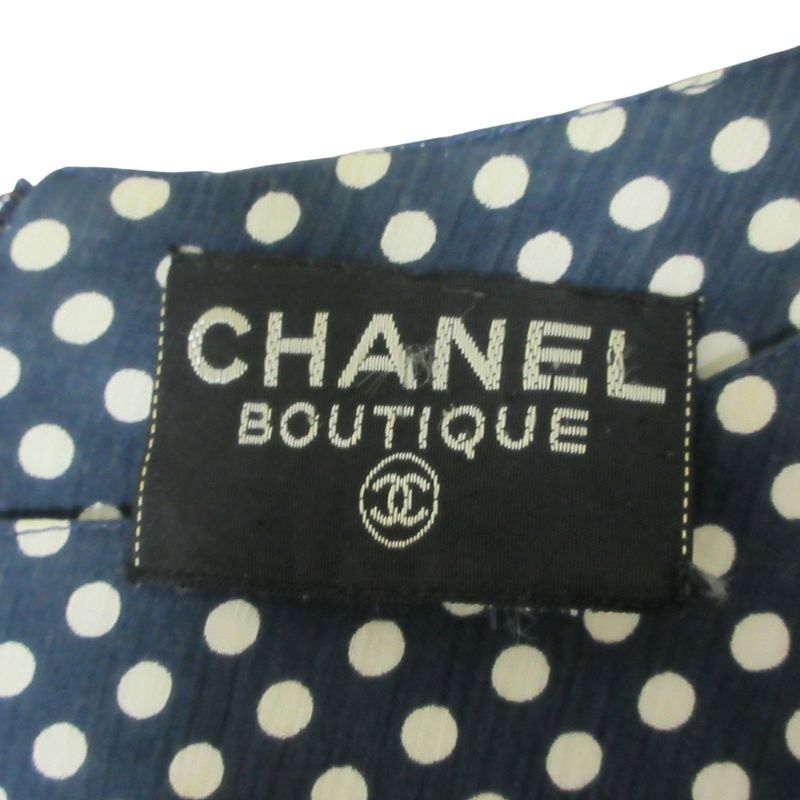 Cleaned Chanel Puff Sleeve Short Sleeve Dot Pattern Flare Dress Navy Ladies