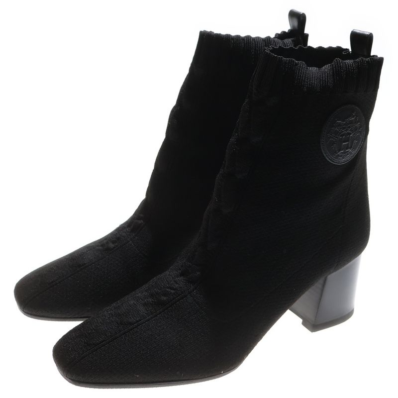 Hermes Volvere Short Boots Knit Black 38 2/1 Women