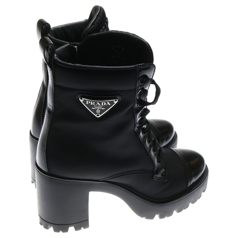 Prada 23AW Re-nylon Leather Triangle Logo Plate Heel Lace Up High Cut Short