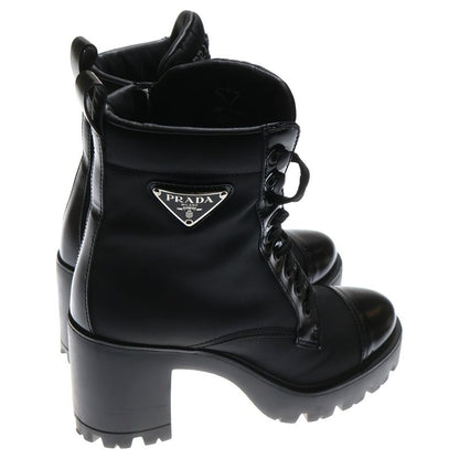 Prada 23AW Re-nylon Leather Triangle Logo Plate Heel Lace Up High Cut Short