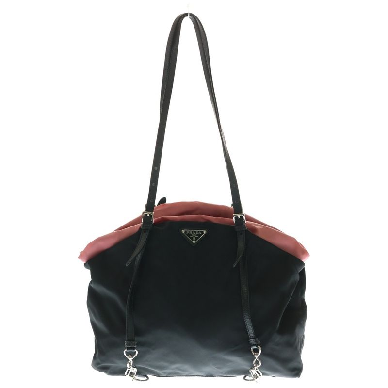 Prada Tessuto Tote Handbag Black And Pink Nylon Bt0165 Silver Hardware