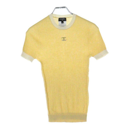 Chanel 22P Rhinestone Coco Mark Cotton Short Sleeved Knitted Sweater Yellow