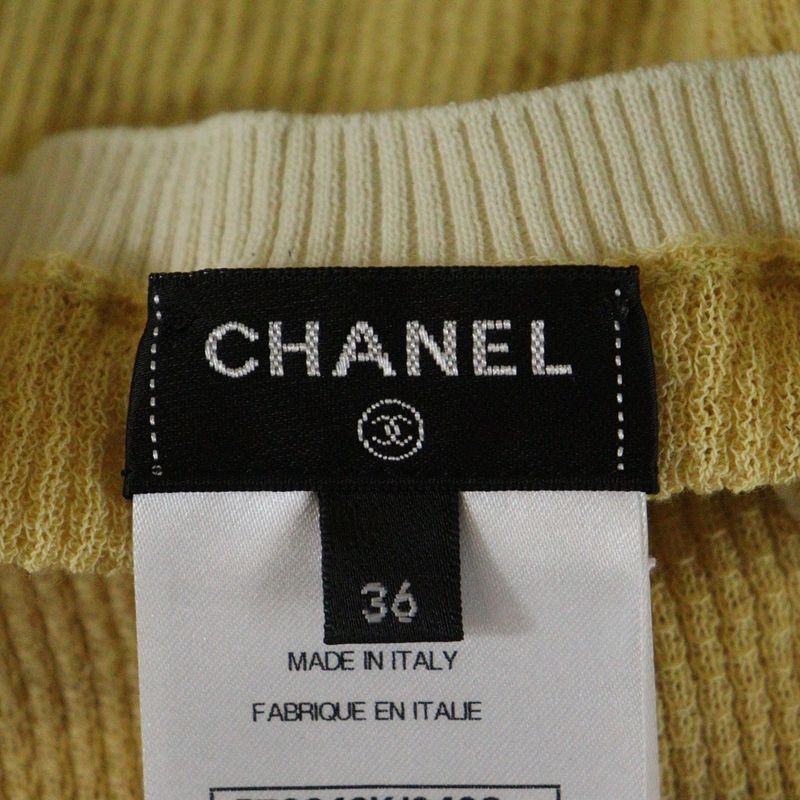 Chanel 22P Rhinestone Coco Mark Cotton Short Sleeved Knitted Sweater Yellow