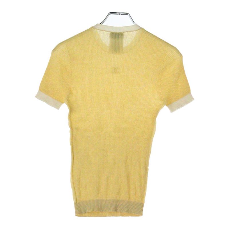 Chanel 22P Rhinestone Coco Mark Cotton Short Sleeved Knitted Sweater Yellow