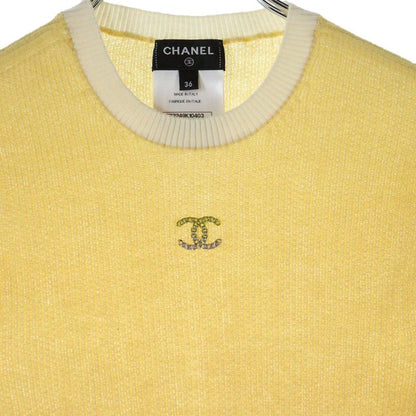 Chanel 22P Rhinestone Coco Mark Cotton Short Sleeved Knitted Sweater Yellow