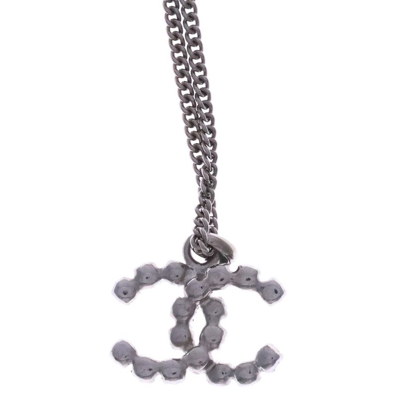 Chanel Coco Rhinestone Necklace Silver Metal Pendant 04V