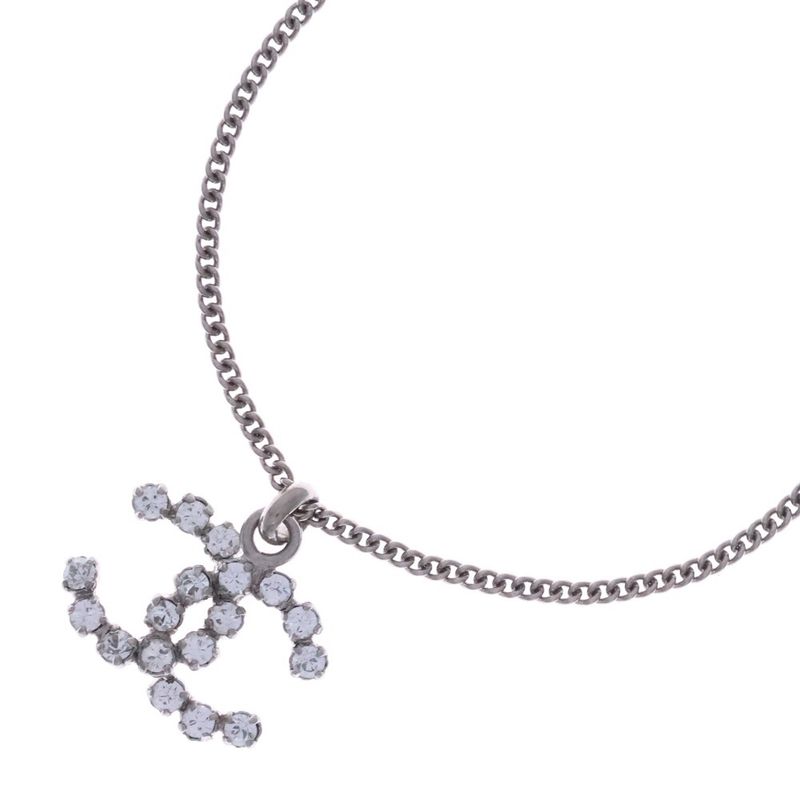 Chanel Coco Rhinestone Necklace Silver Metal Pendant 04V