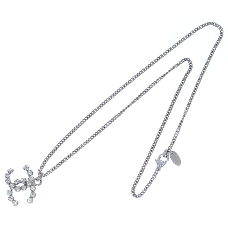 Chanel Coco Rhinestone Necklace Silver Metal Pendant 04V