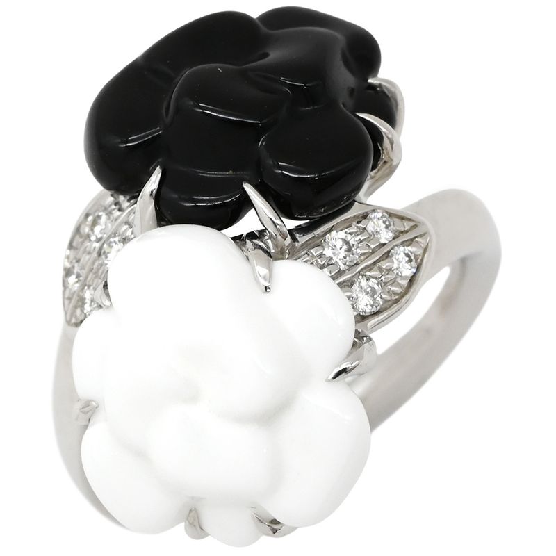 Chanel Ring Camellia 18k White Gold Diamond Onyx White Agate (Agate) Black X