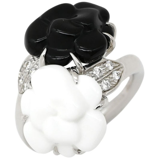 Chanel Ring Camellia 18k White Gold Diamond Onyx White Agate (Agate) Black X