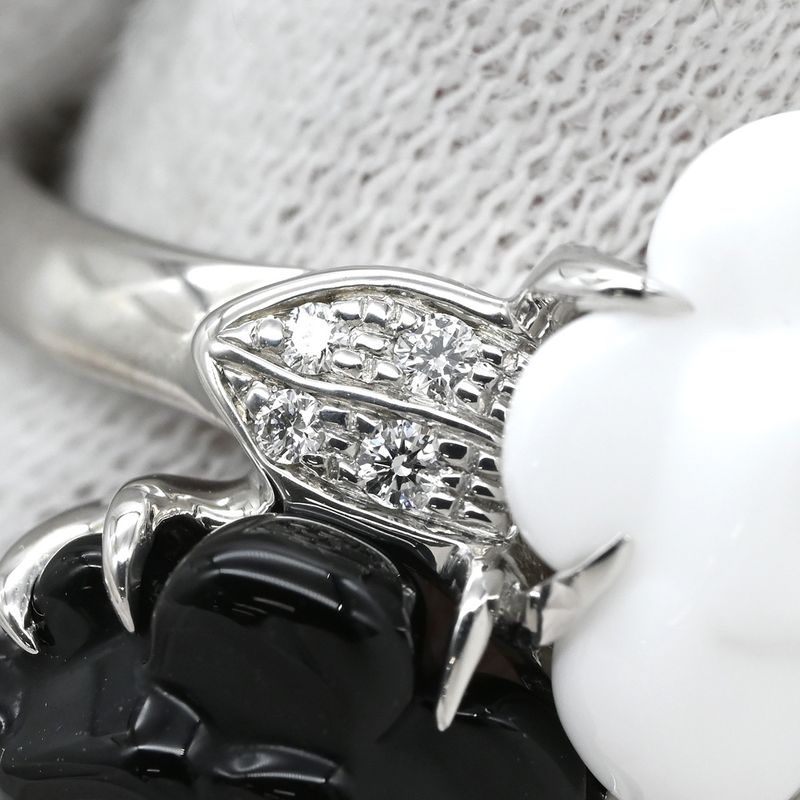 Chanel Ring Camellia 18k White Gold Diamond Onyx White Agate (Agate) Black X