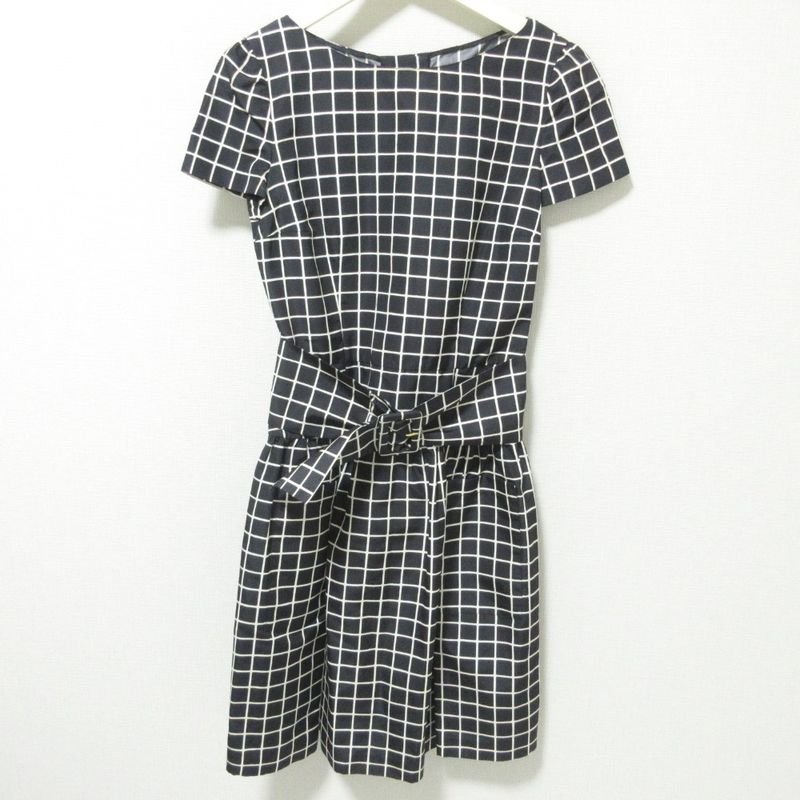 Prada Logo Check 100% Silk Short Sleeves With Belt Knee-length Dress 38 Black